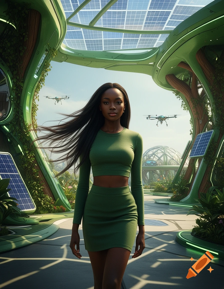 An African woman in a green crop top and skirt walks in a futuristic solarpunk city with solar panels and drones.