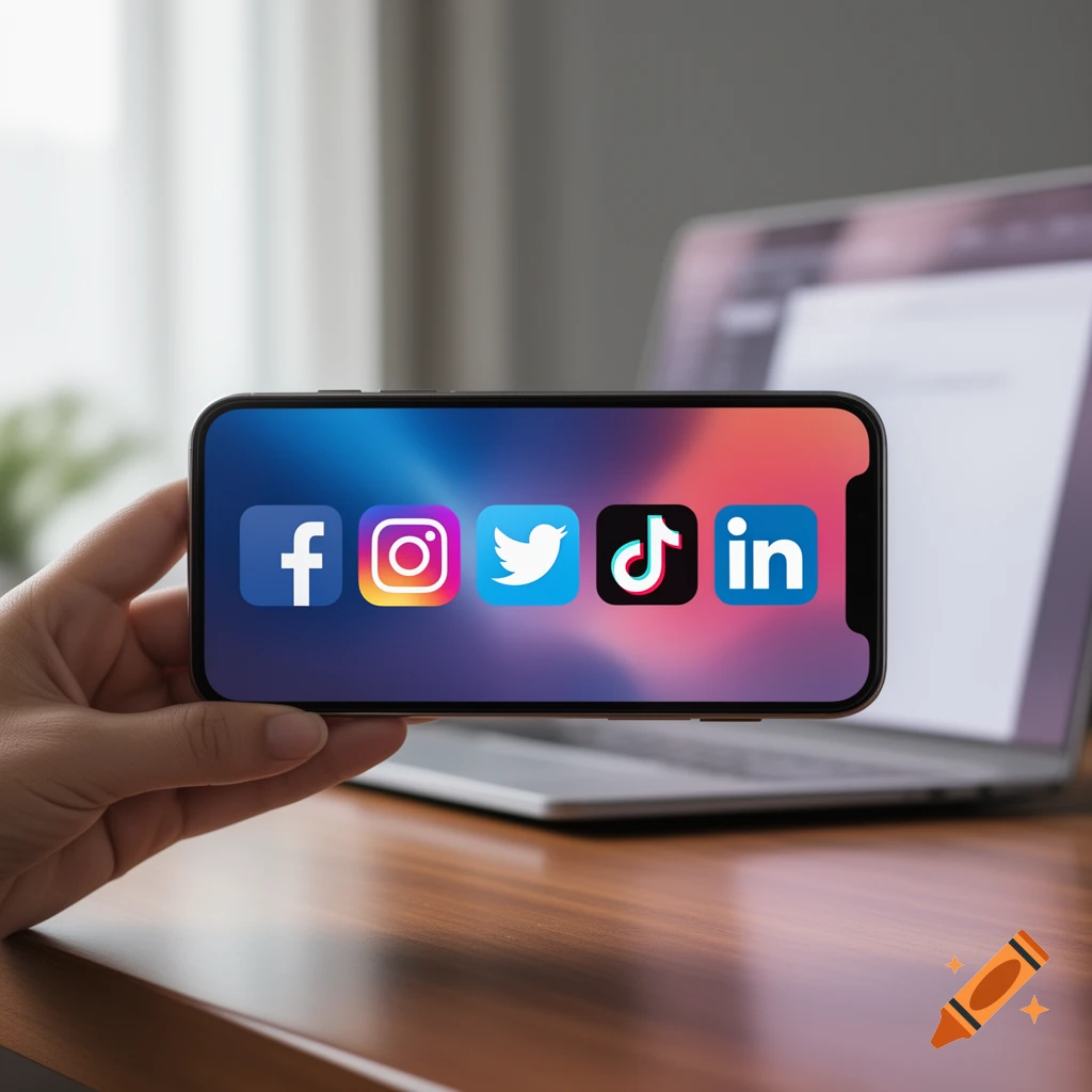 A hand holding a smartphone showing Facebook, Instagram, Twitter, TikTok, and LinkedIn social media logos.