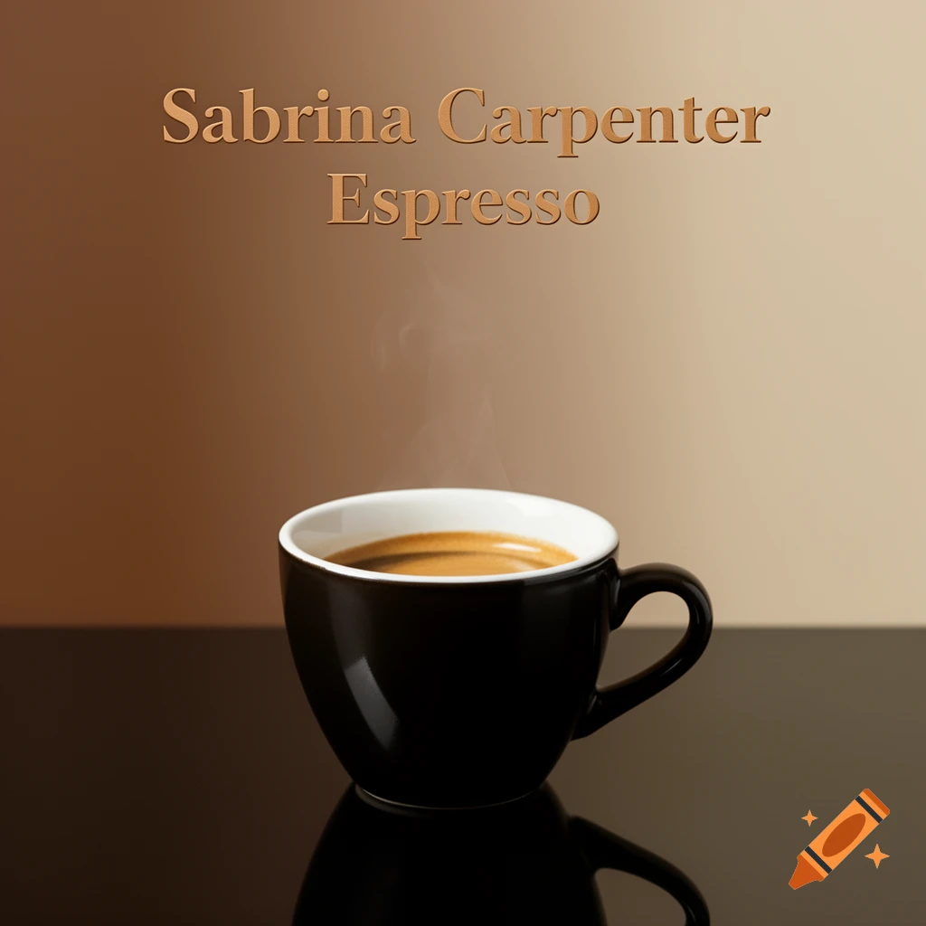 A steaming black coffee cup on a reflective surface against a brown gradient background. Text reads 'Sabrina Carpenter Espresso'.