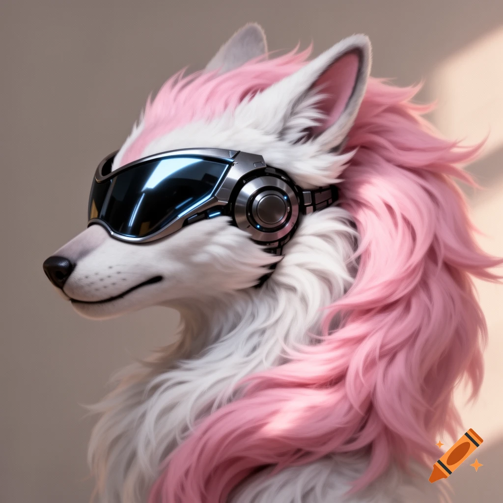 Side profile of a white furry character with pink hair, wearing sleek silver and black robotic goggles in a detailed digital art style.