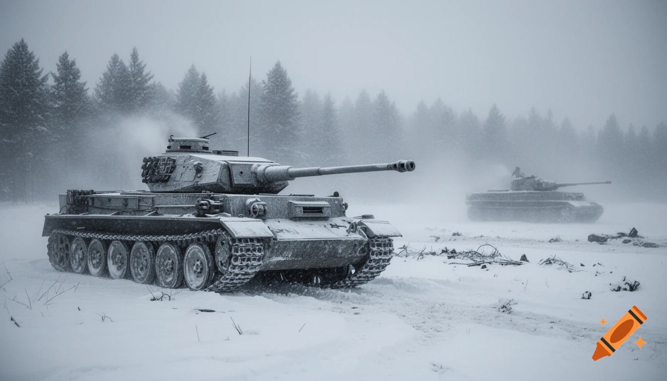 Photorealistic image of two military tanks in a heavy snowstorm within a foggy forest.