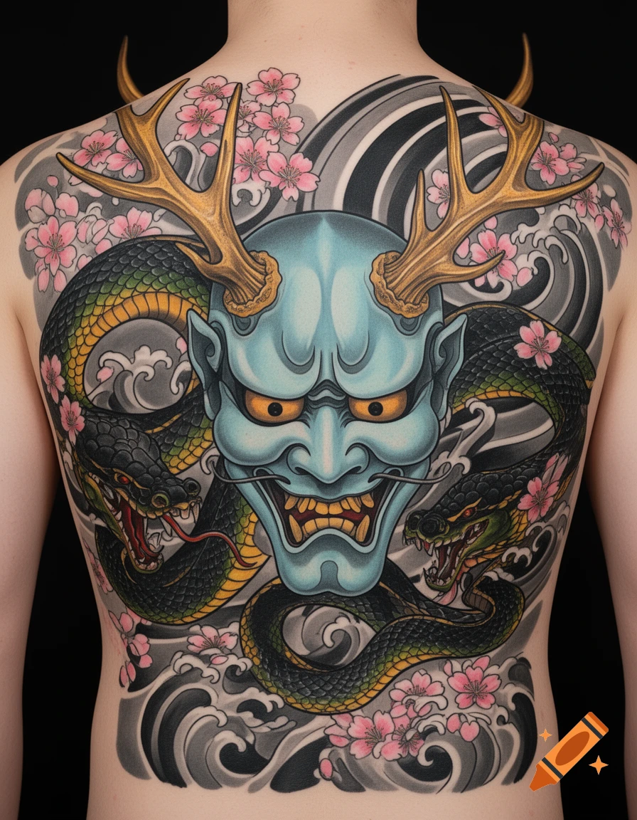 A full back tattoo in traditional Japanese style features a light blue Hannya mask with gold antlers, surrounded by green and black snakes, pink cherry blossoms, and grey waves.