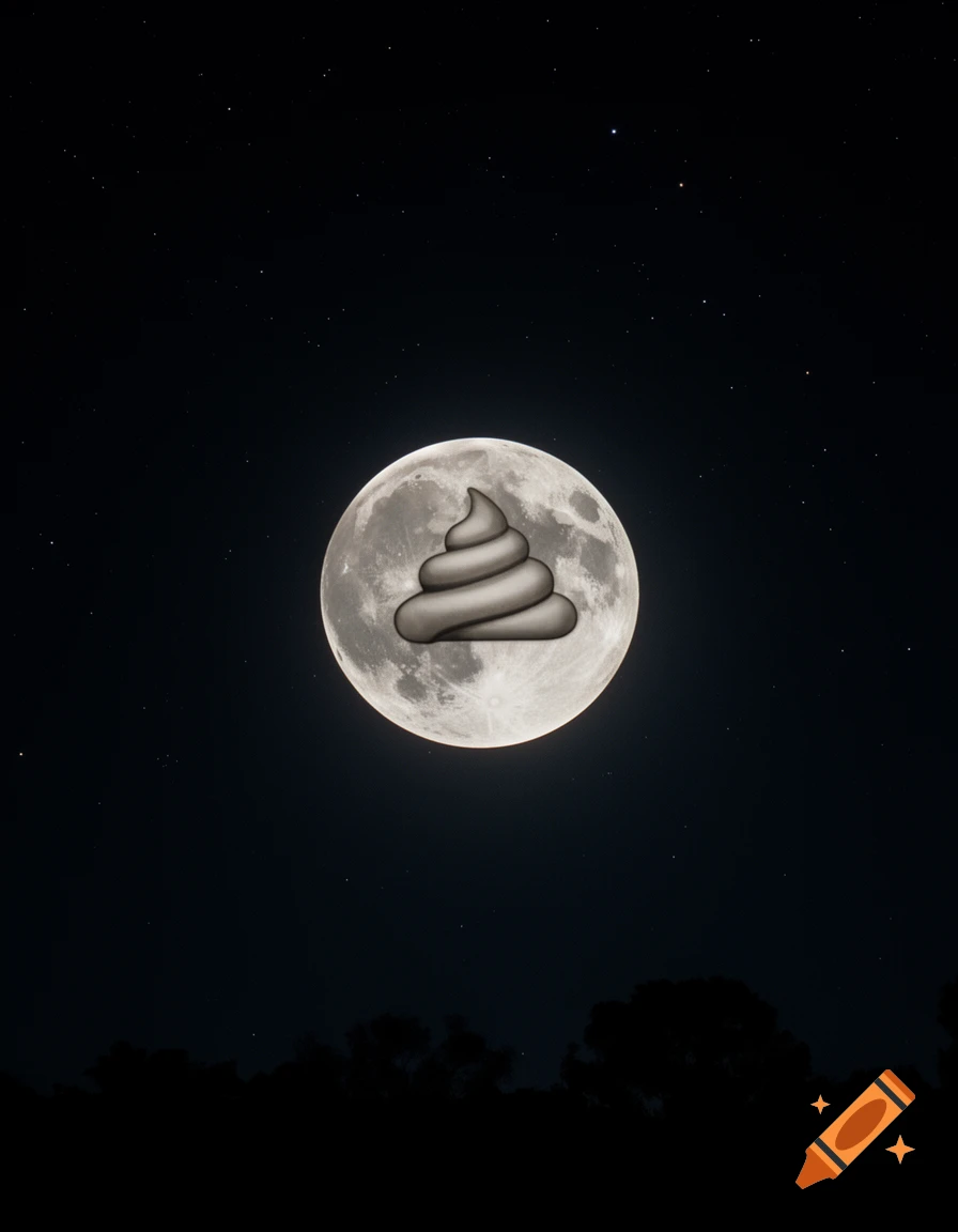 A full moon in a starry night sky with a poop emoji superimposed on its surface, above silhouetted trees.