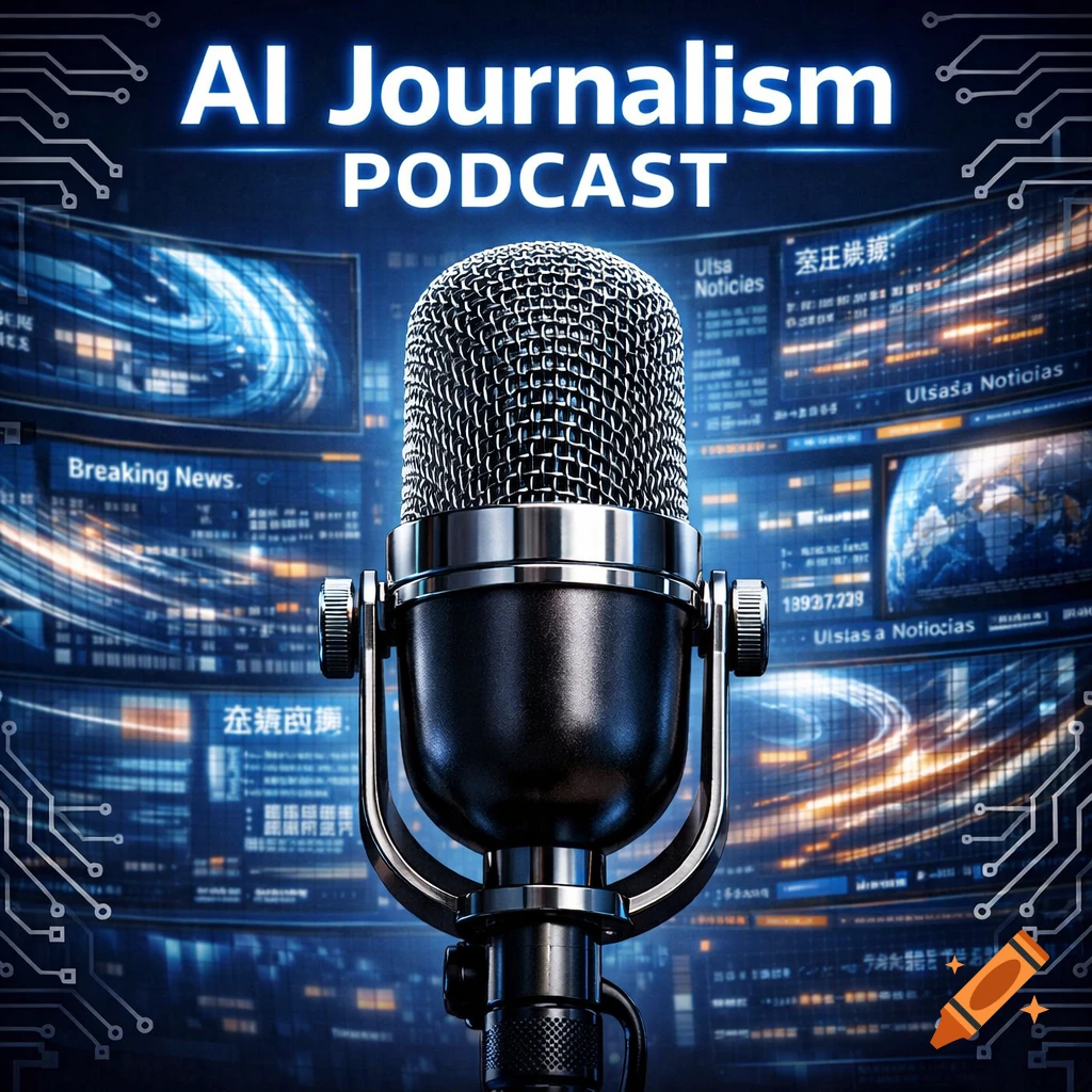 A close-up of a vintage microphone in front of screens displaying news and circuit board patterns, with 'AI Journalism PODCAST' text above.