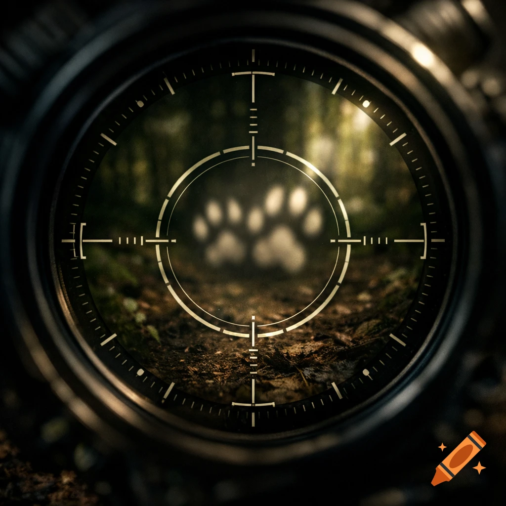 A sniper scope view focusing on blurry paw prints on a dark forest floor, rendered in dark brown and green tones.