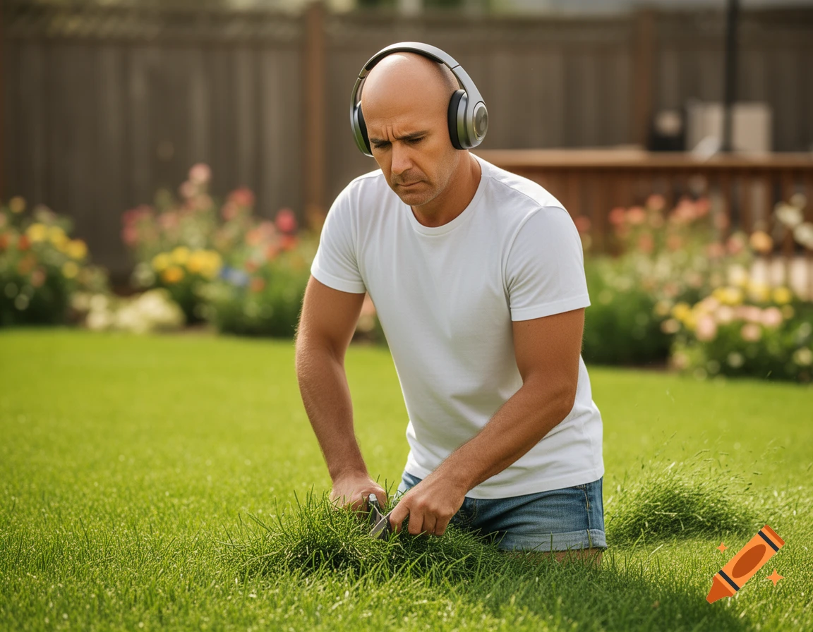 A bald man wearing headphones kneels in a sunny green lawn, cutting grass with clippers in a photorealistic style.