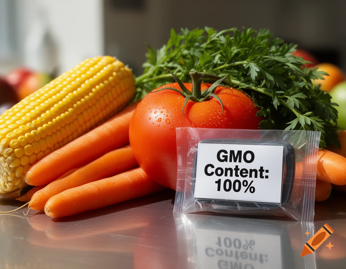 Close-up of fresh corn, carrots, tomato, and leafy greens on a metallic surface, with a label reading 'GMO Content: 100%'