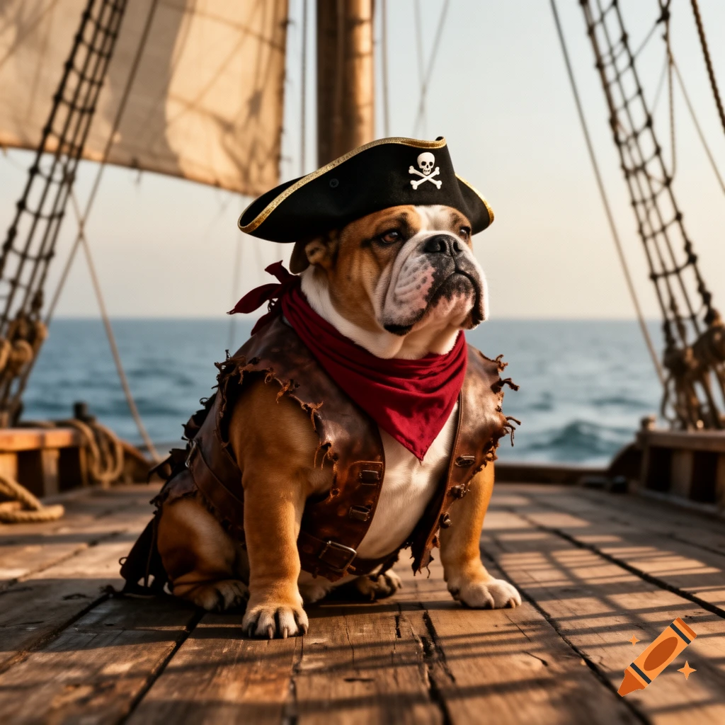A photorealistic bulldog dressed as a pirate with a tricorn hat and leather vest, sitting on a ship deck with the ocean behind it.