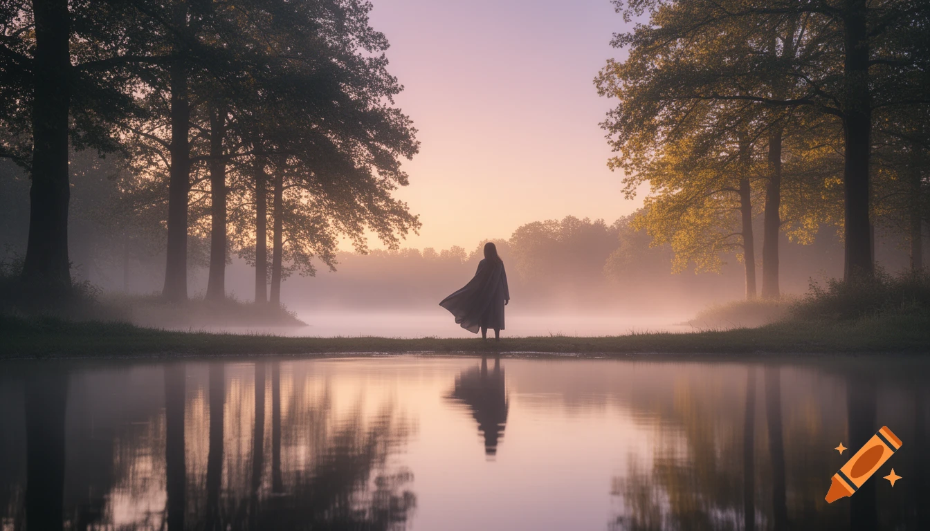 A lone figure stands at the misty edge of a serene lake surrounded by trees at sunrise, with reflections on the water, in a dreamlike, cinematic style.