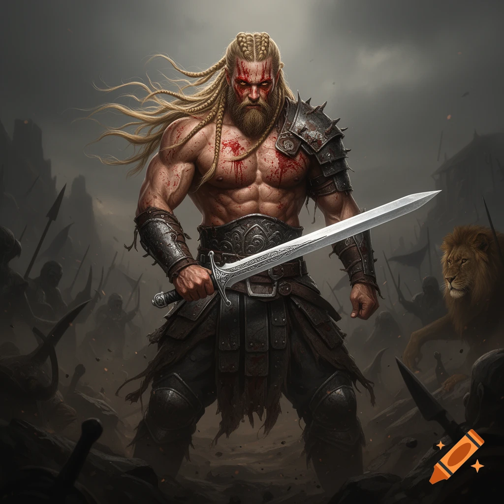 A fierce, muscular warrior with braided blond hair and a beard, covered ...