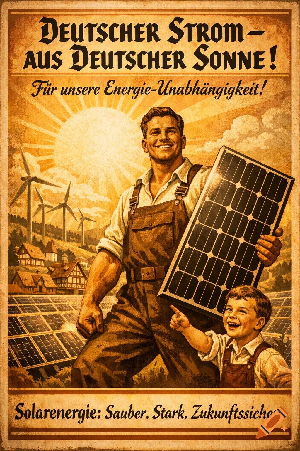 Vintage propaganda poster of a smiling man and child with a solar panel, wind turbines, and solar farms in a sunny, rural German landscape.