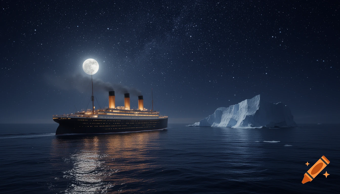 Photorealistic Titanic-like ship with four funnels sailing at night under a full moon and starry sky, an iceberg ahead.