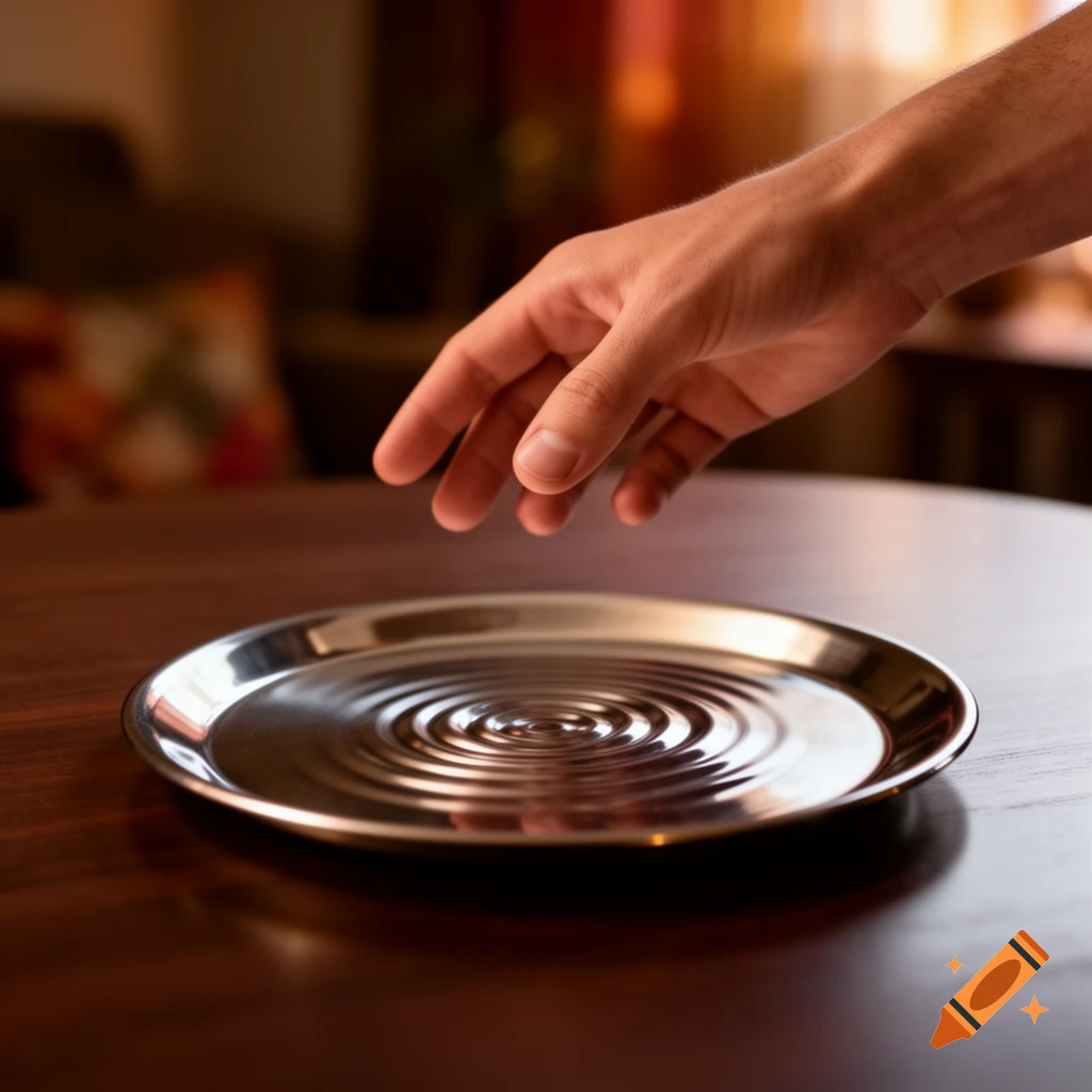 A person's hand reaches towards a metallic plate with ripple patterns on a wooden table, in a soft-focus indoor setting.