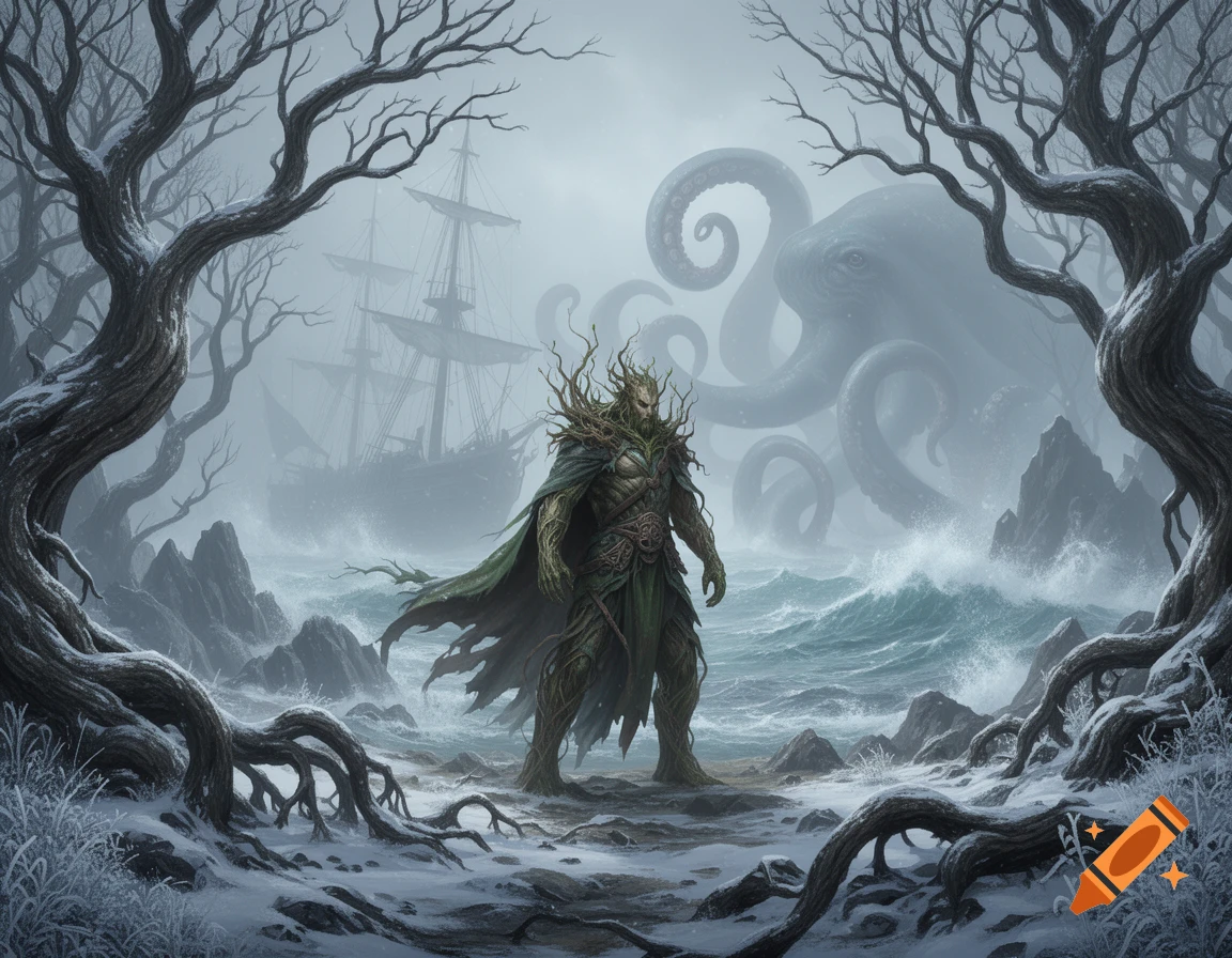 A tree-like commander on a snowy shore, framed by twisted trees. A pirate ship and a giant kraken emerge from the foggy, stormy sea.