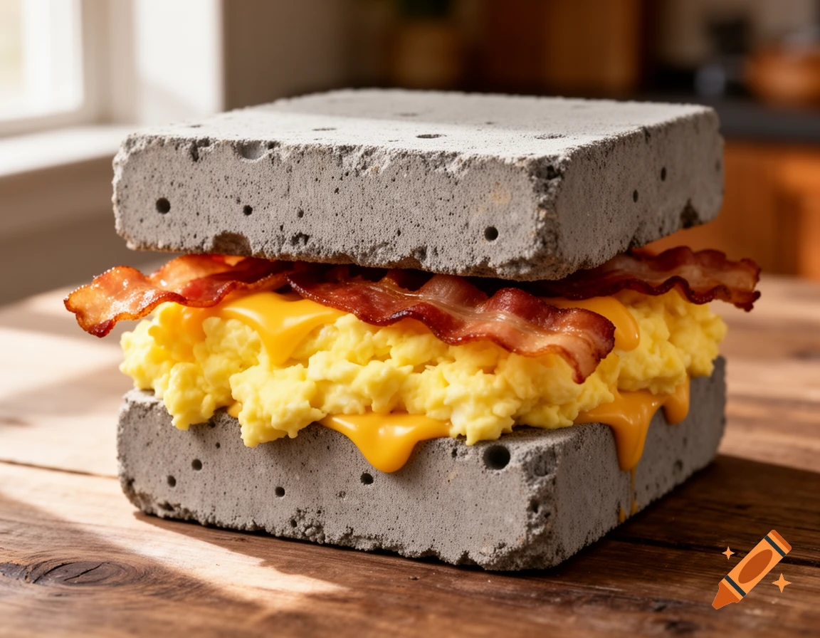 Photorealistic breakfast sandwich with concrete blocks for bread, filled with scrambled eggs, melted cheese, and crispy bacon.