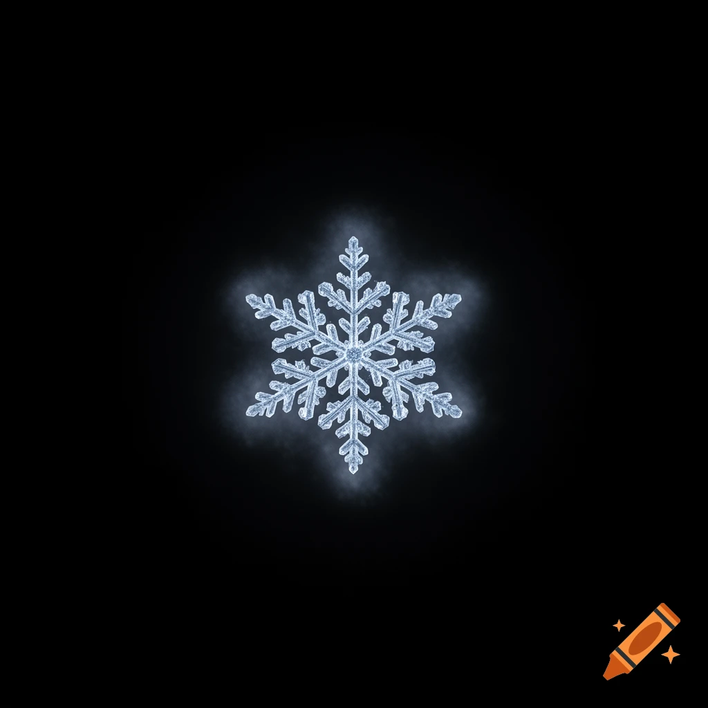 A highly detailed, intricate, symmetrical snowflake with a faint white glow centered on a solid black background.