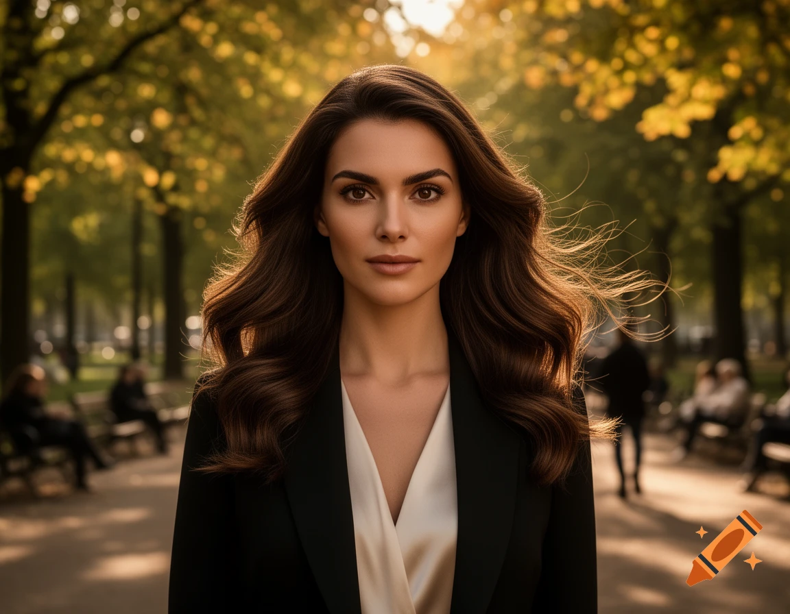 Photorealistic portrait of a woman with long dark hair, wearing a black ...