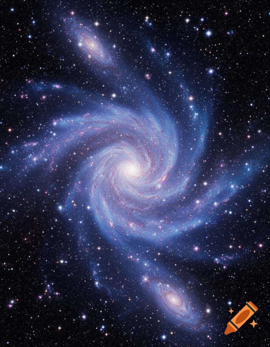 A vibrant spiral galaxy with bright blue and purple arms, surrounded by countless stars in deep space.