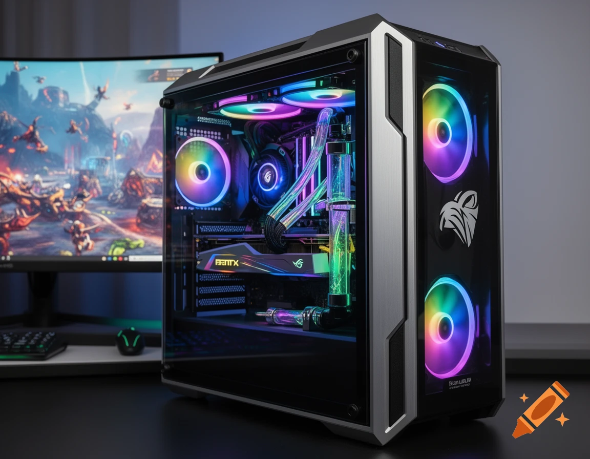 A close-up shot of a modern gaming computer with colorful RGB lighting inside the case and on the fans, next to a monitor displaying a video game. Photorealistic style.