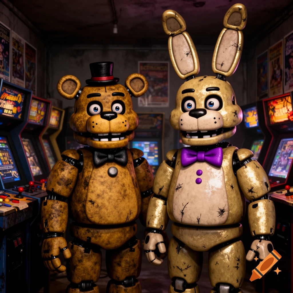 Two worn animatronics, a brown bear and a golden rabbit, stand in a dark arcade with glowing game cabinets.