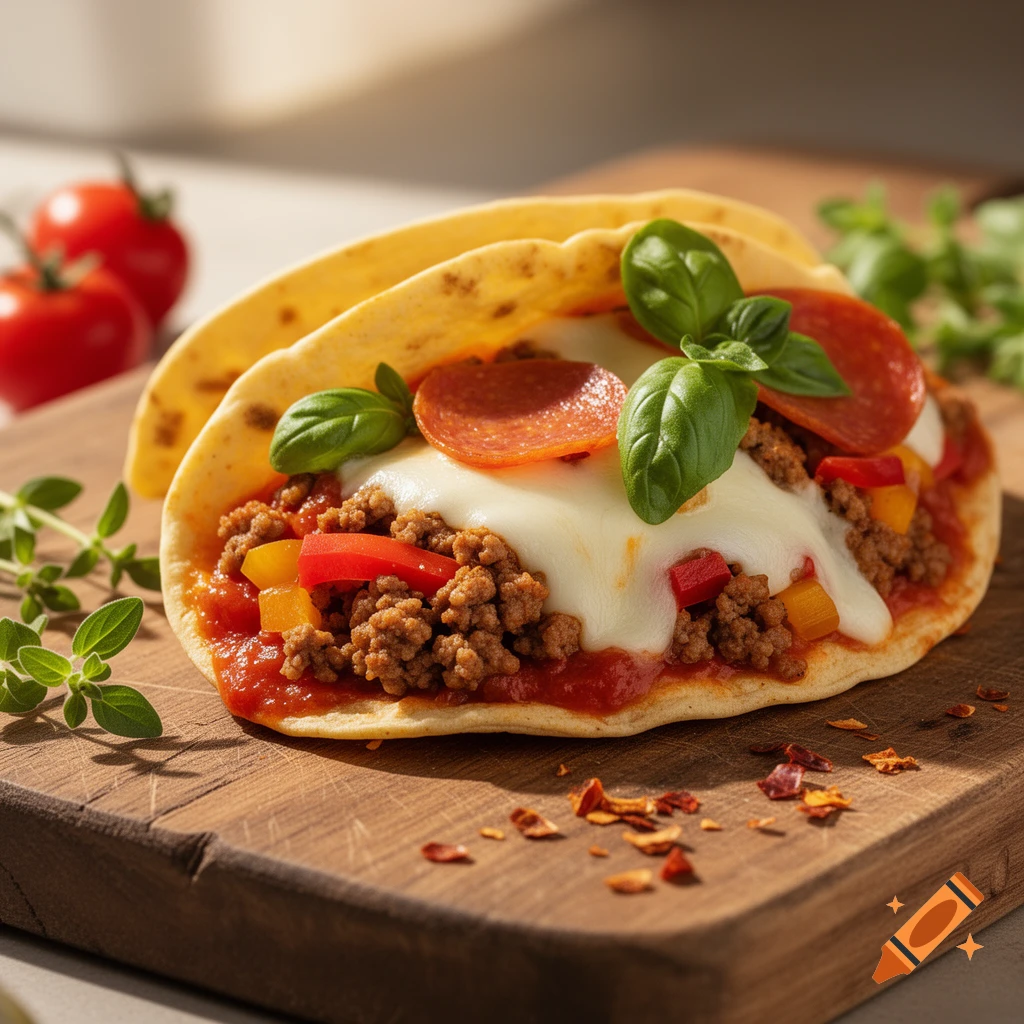 Close-up of a pizza-flavored taco with ground meat, melted cheese, pepperoni, basil, and peppers on a wooden board.