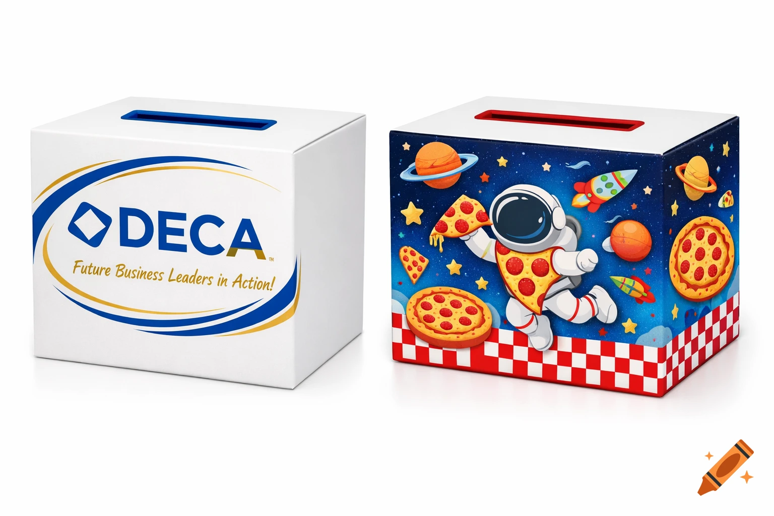 Two donation boxes, one white with a DECA logo, the other with a cartoon pizza astronaut in space and a checkerboard pattern.