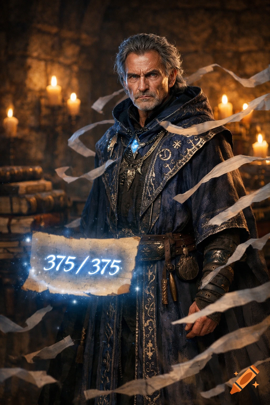 Stoic grey-haired wizard in dark ornate robes holding a glowing scroll with '375/375', surrounded by flying ribbons and candles in a stone chamber.