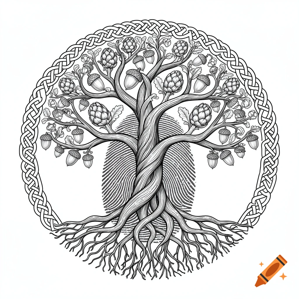 A black and white Celtic tree of life drawing, with roots emerging from a fingerprint, adorned with acorns and artichokes, all within a circular knotwork border.