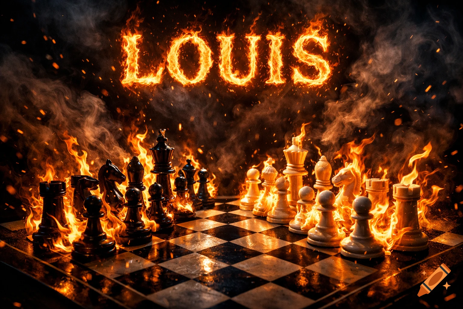 A chessboard with black and white chess pieces engulfed in fire and smoke, under the fiery text "LOUIS".