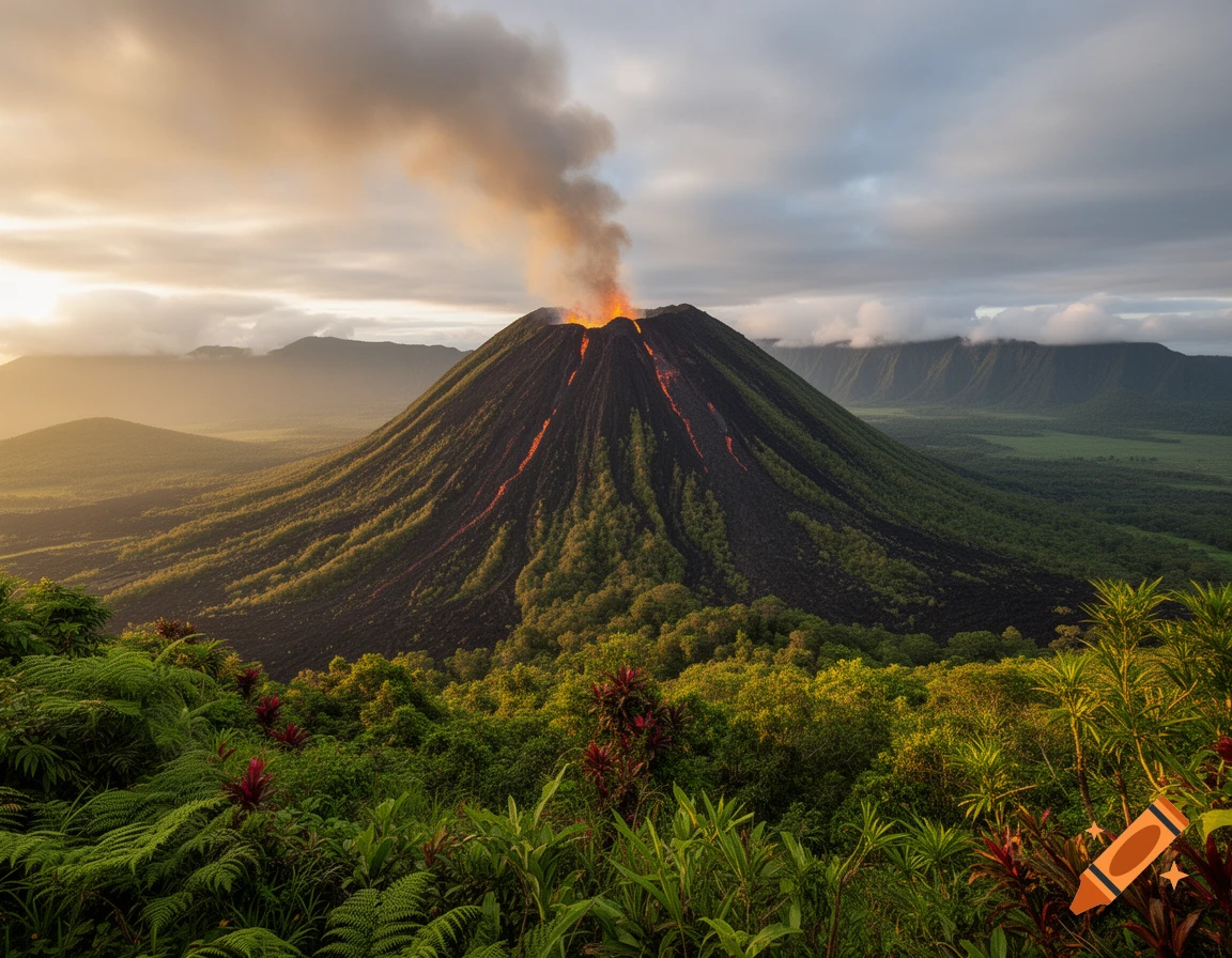 Photorealistic image of a lush green volcano erupting with lava and smoke against a dramatic sky, surrounded by dense jungle.