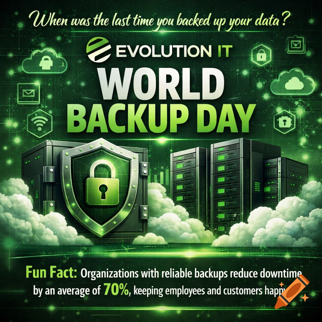 Digital illustration with servers, a shield, padlock, and cloud icons on a green circuit board background, promoting World Backup Day.