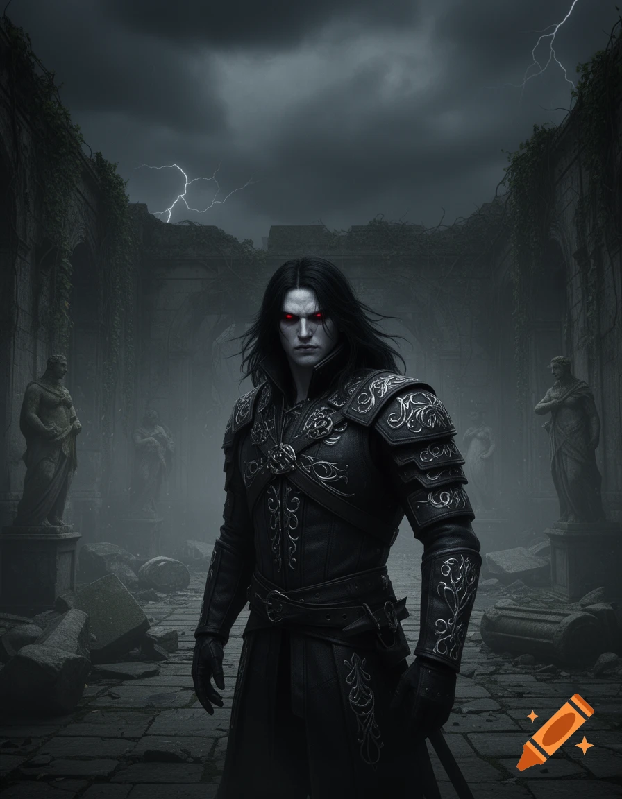 A dark-haired vampire in ornate armor stands in ancient ruins under a stormy sky with lightning.