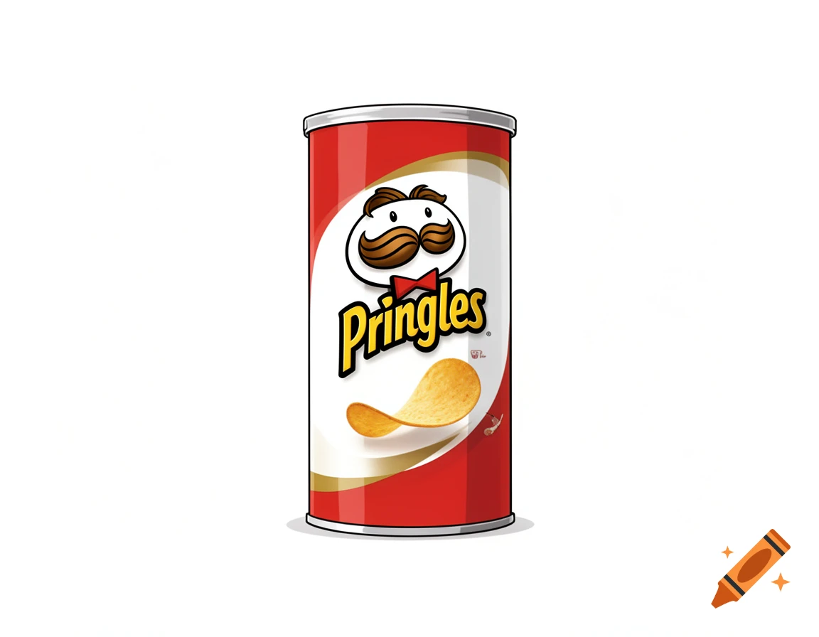 A cartoon illustration of a red Pringles can with the 'Pringles' logo and a potato chip floating in front of it on a white background.