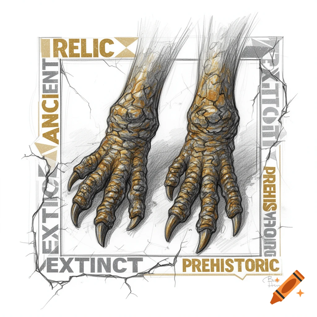 Detailed sketch of two scaly dinosaur feet with sharp claws, framed by a cracked box and words like 'RELIC', 'ANCIENT', 'EXTINCT', 'PREHISTORIC' in a golden and grey style.