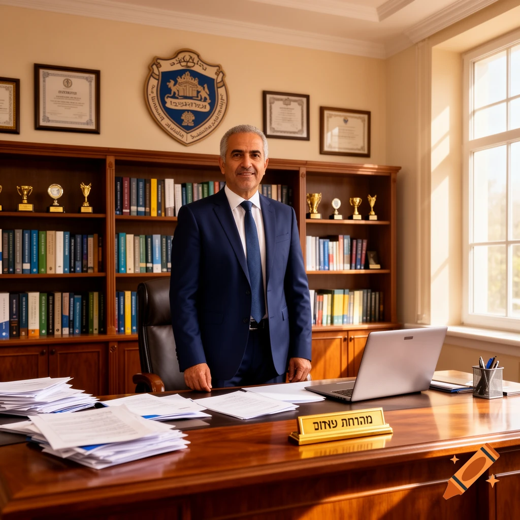 A smiling man in a blue suit and tie stands behind a wooden desk in a well-lit office with bookshelves and framed documents.