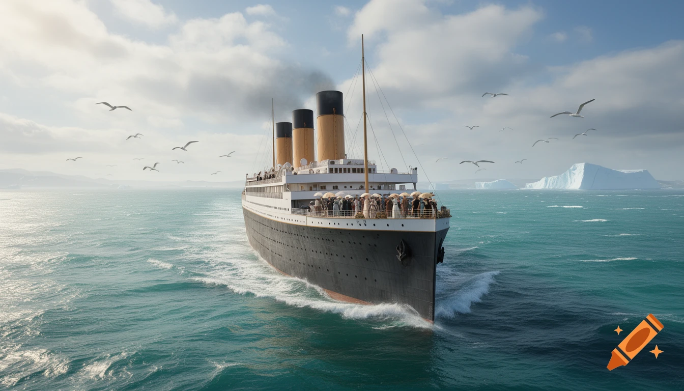 A large, historical passenger ship, resembling the Titanic, sails through a vast blue ocean with seagulls flying above and icebergs in the distance under a partly cloudy sky.