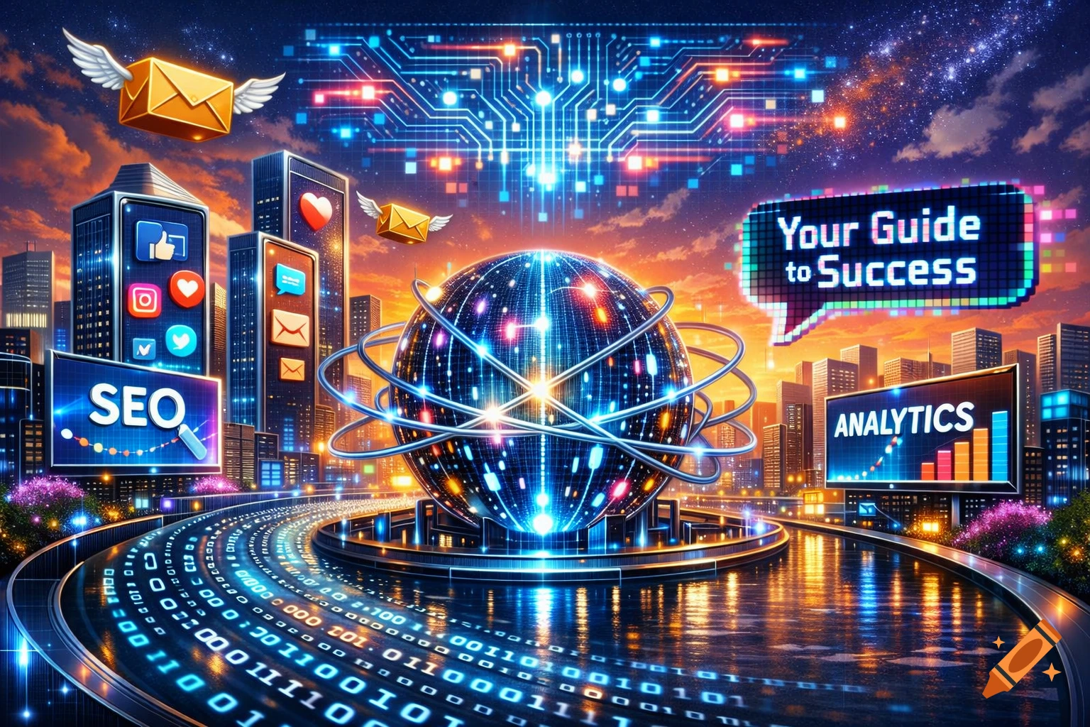 A futuristic city with a glowing data globe, circuit patterns, binary code roads, and buildings displaying 'SEO', 'ANALYTICS', and 'Your Guide to Success', representing digital marketing services.