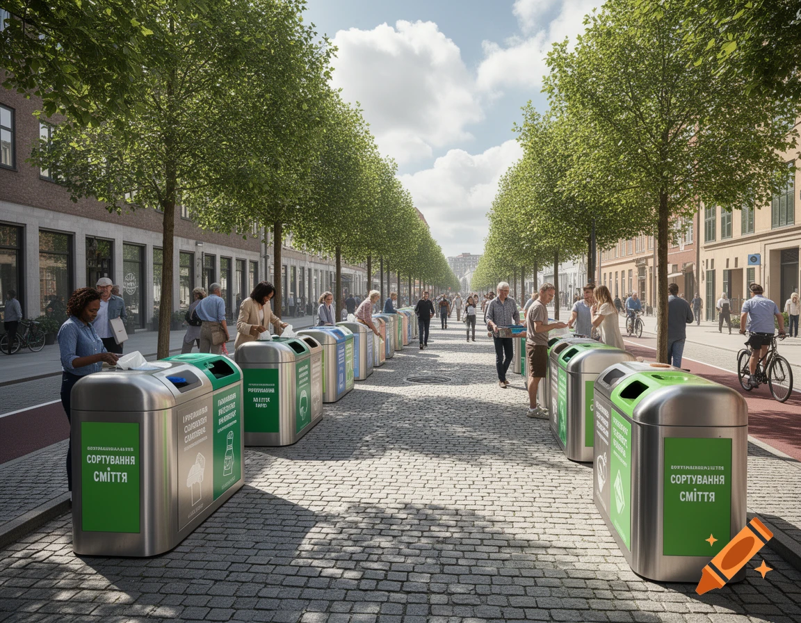 People sort trash into modern recycling bins along a tree-lined cobblestone street in a bustling city under a partly cloudy sky.