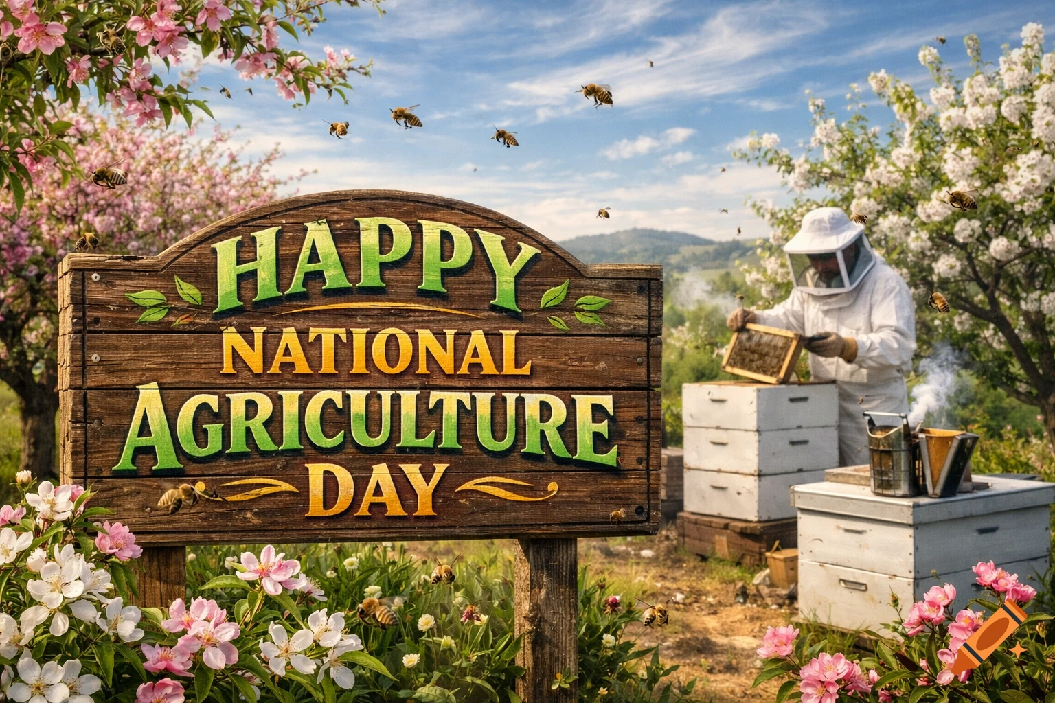 A beekeeper tends to beehives under a clear sky, surrounded by flowering trees and bees, with a wooden sign reading "HAPPY NATIONAL AGRICULTURE DAY" in the foreground.