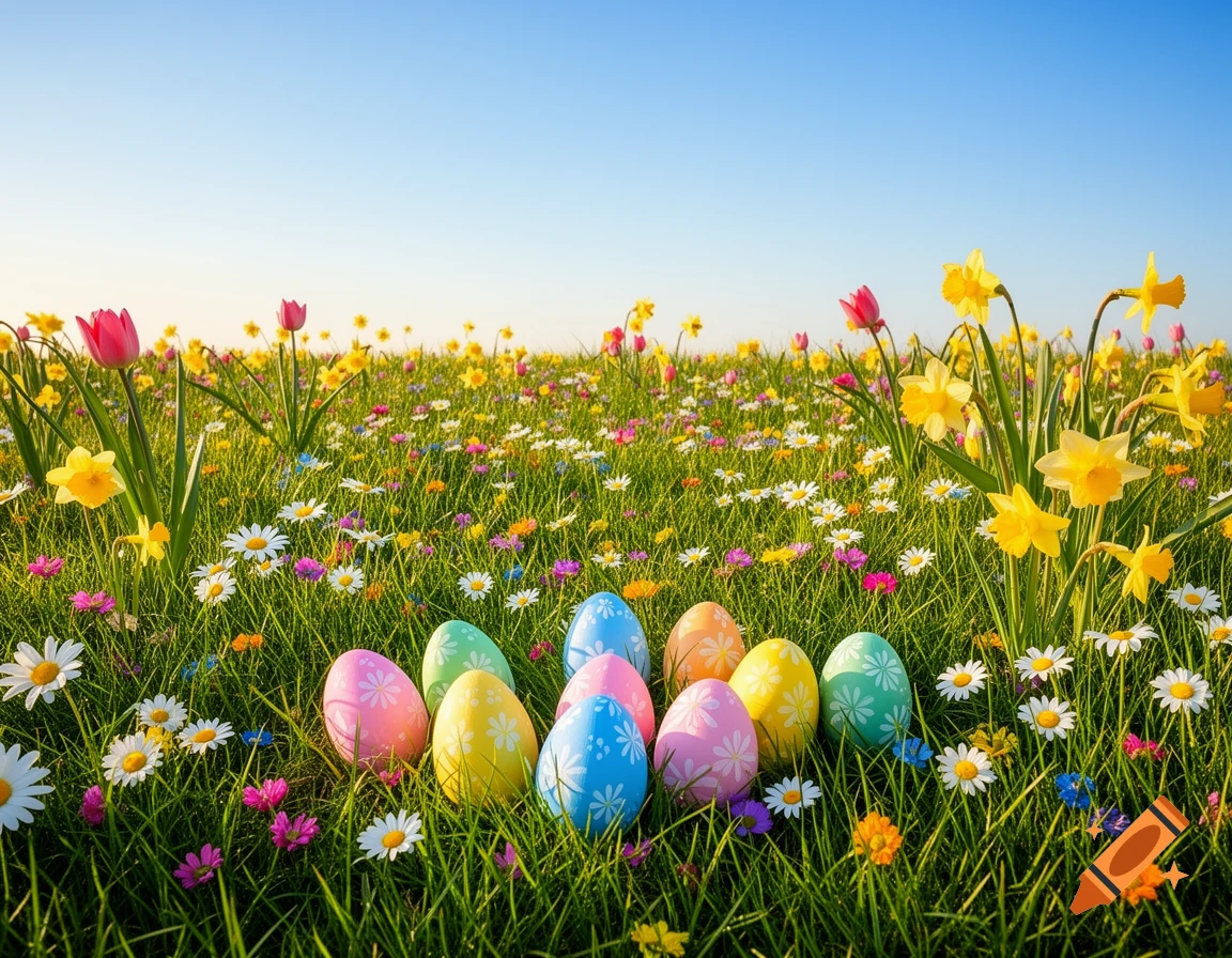 Colorful patterned Easter eggs in a sunny field of green grass with yellow, white, and pink wildflowers under a clear blue sky.