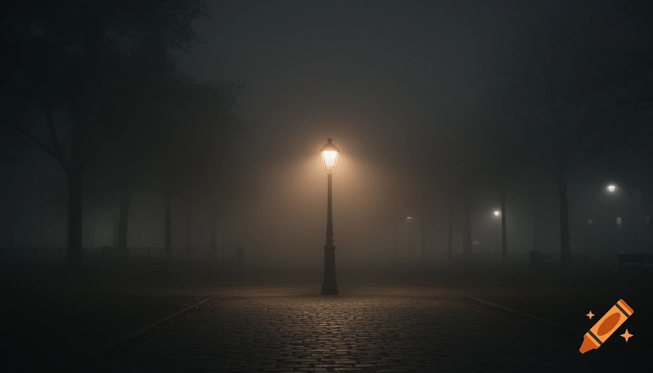 A lone streetlamp glows warmly in a densely foggy park at night, illuminating a cobblestone path. Trees and distant lights fade into the mist.