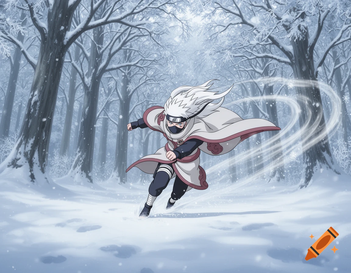 An anime ninja character with white hair and a cloak runs through a snowy forest, creating a swirling wind effect.