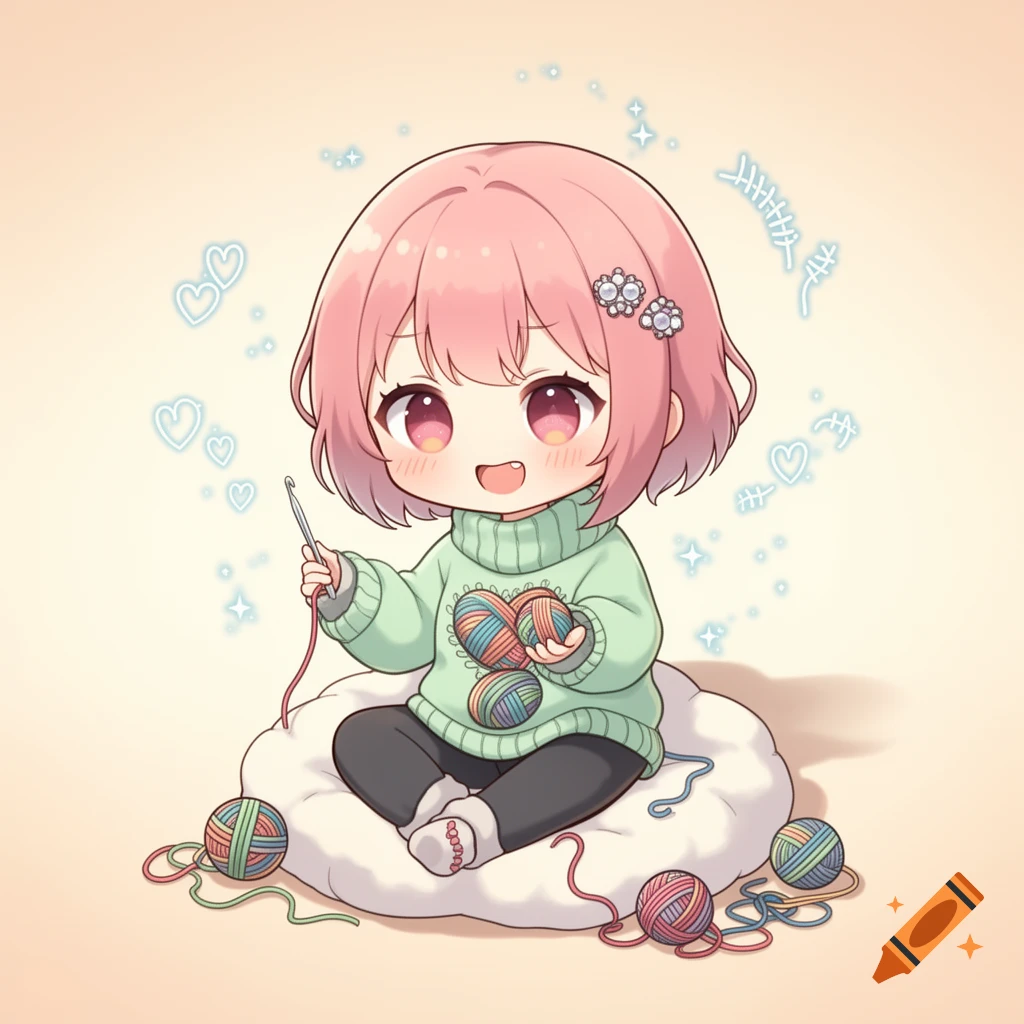 A cute chibi anime girl with pink hair, wearing a green sweater, sitting on a cloud, holding a crochet hook and colorful yarn balls.