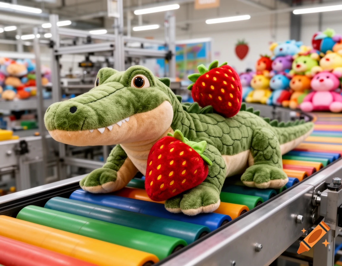 A green plush crocodile toy with red plush strawberries on its back and front, moving along a colorful conveyor belt in a toy factory.