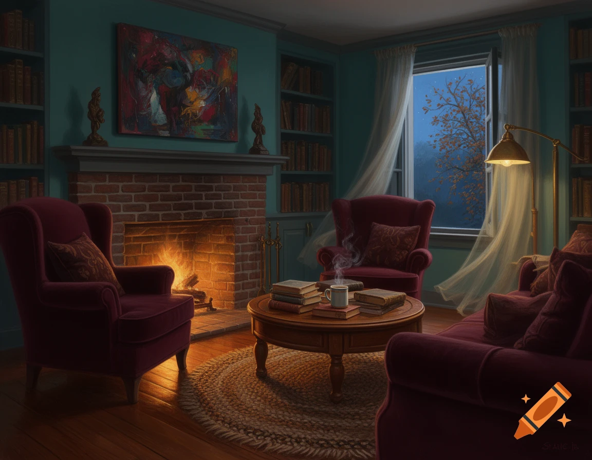Cozy living room with a lit brick fireplace, red armchairs, bookshelves, and a coffee table. A window shows a night tree.