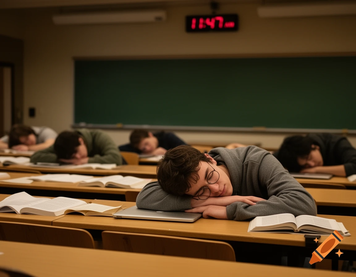 Students sleep on desks in a dimly lit classroom with books and laptops open, a digital clock reads 11:47.
