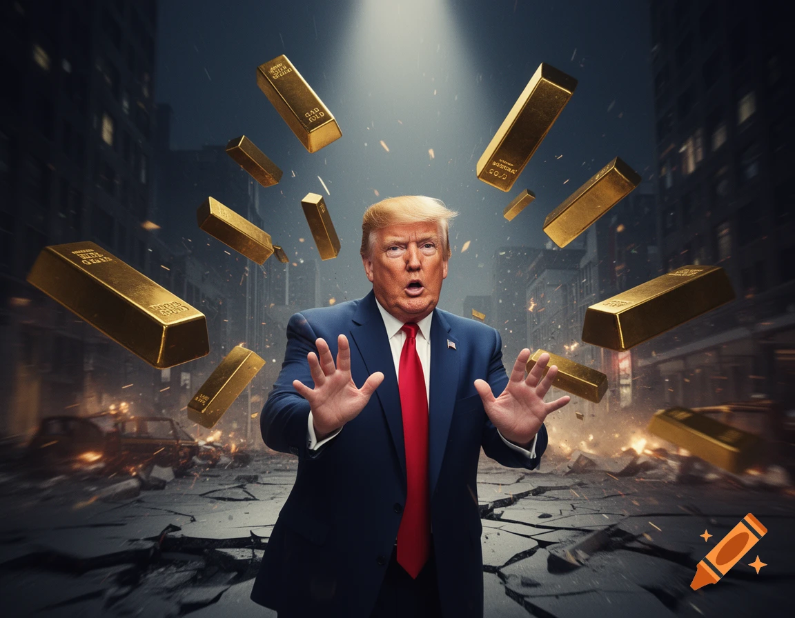 Donald Trump stands in a destroyed city street, looking surprised as many gold bars fall around him from above.