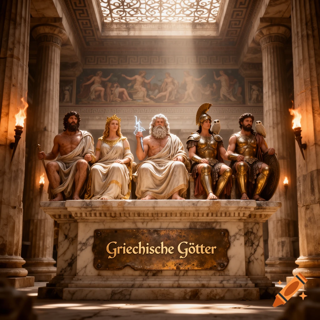 Five Greek gods, including Zeus with a lightning bolt, seated on a marble throne in a grand ancient temple.