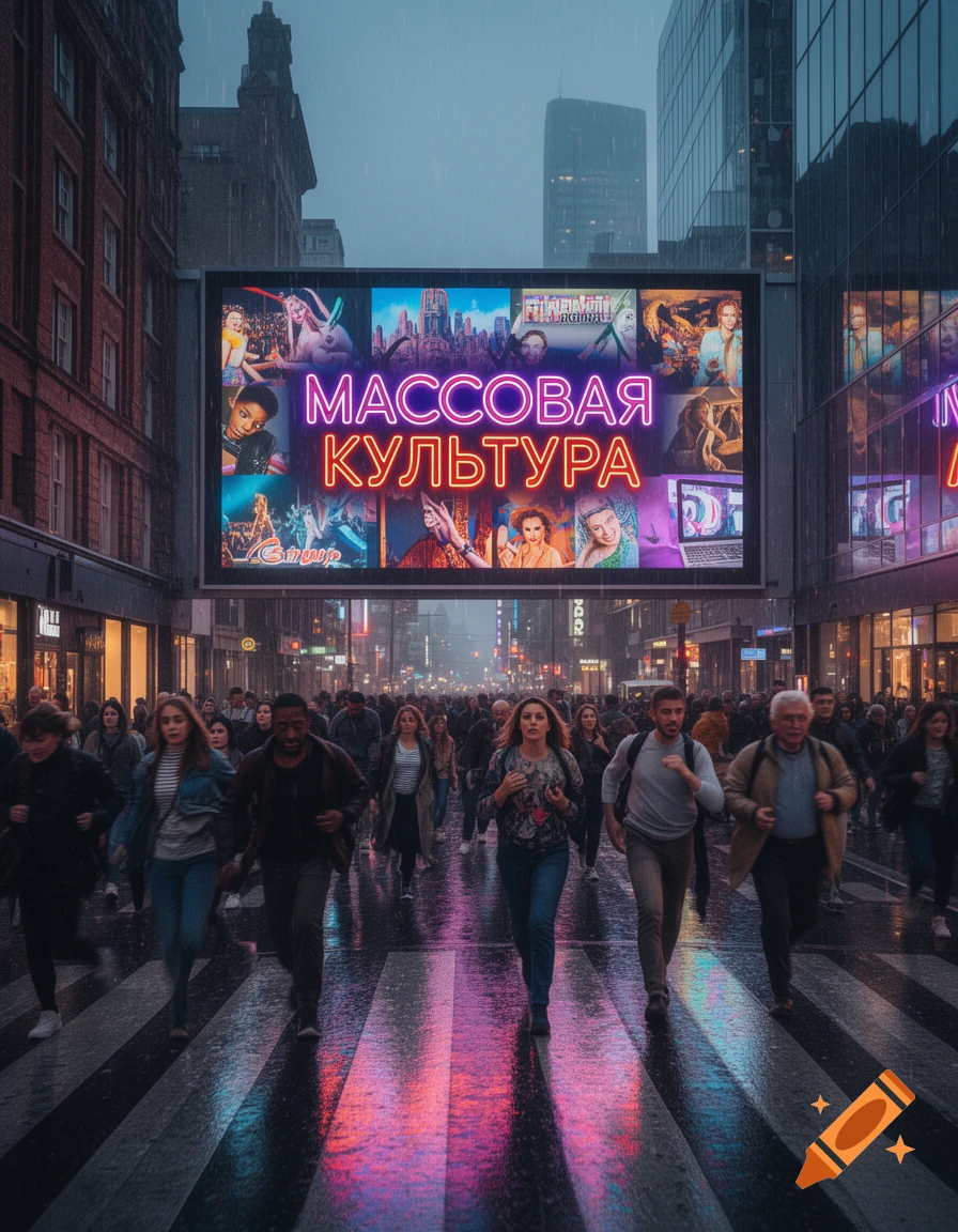 A busy city street at dusk with a large illuminated billboard displaying "МАССОВАЯ КУЛЬТУРА" above a crowd walking in the rain.