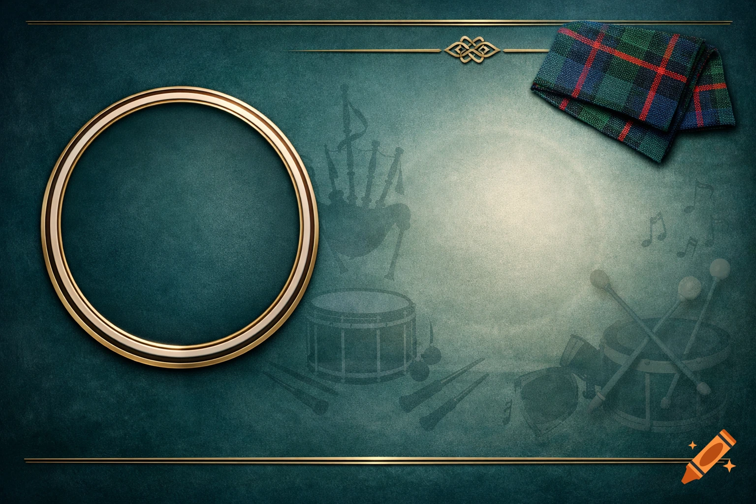 A teal background with a gold circular frame on the left, a tartan patch on the upper right, and subtle bagpipe and drum silhouettes.